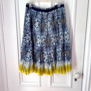 Minkas Pleated Lined Patterned Print Yellow Ombré Hem Pleated Midi Skirt Small